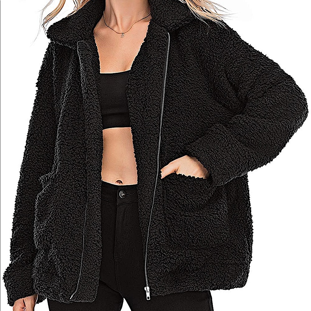 Lapel Collar Faux Shearling Teddy Coat in Black